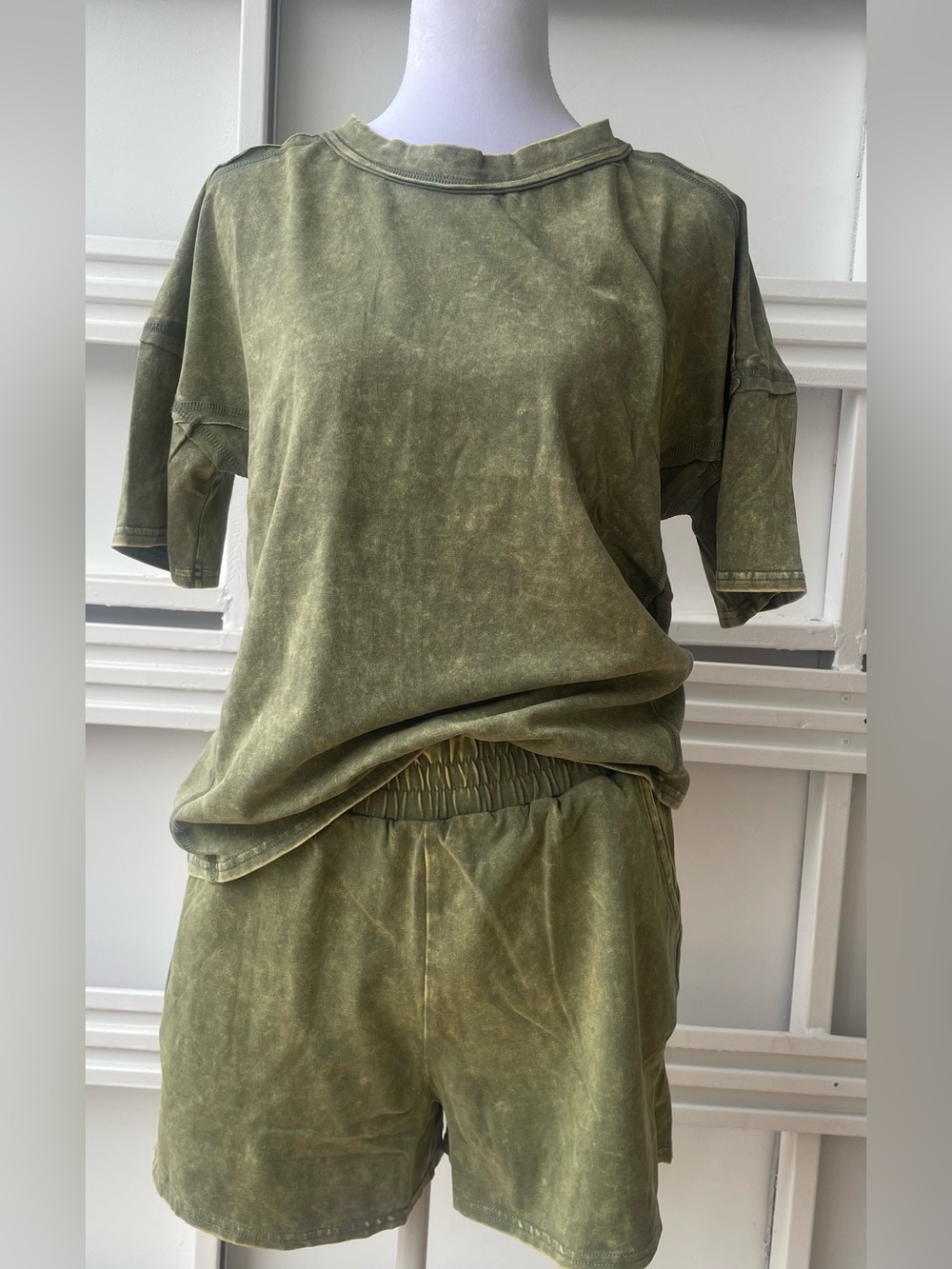 Zenana- Washed 2 piece Short and Shirt Set- Olive Green - Picture 2 of 4